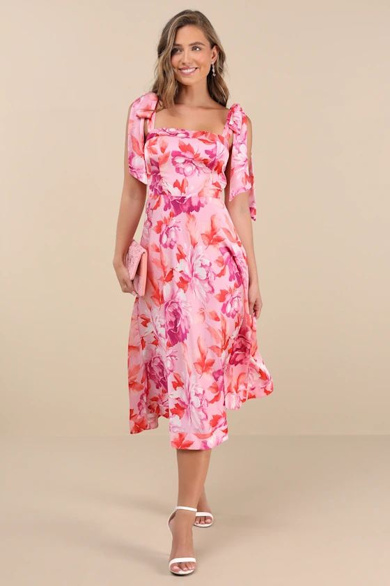 Fleurette Pink Floral Tie-Strap Midi Dress