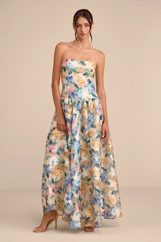 Mikayla Beige Multi Floral Jacquard Maxi Dress