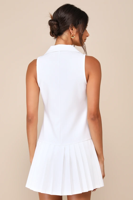 Posh Vision White Sleeveless Blazer Pleated Mini Dress