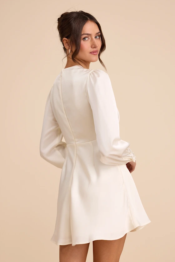 Goldia Ivory Satin Long Sleeve Babydoll Mini Dress