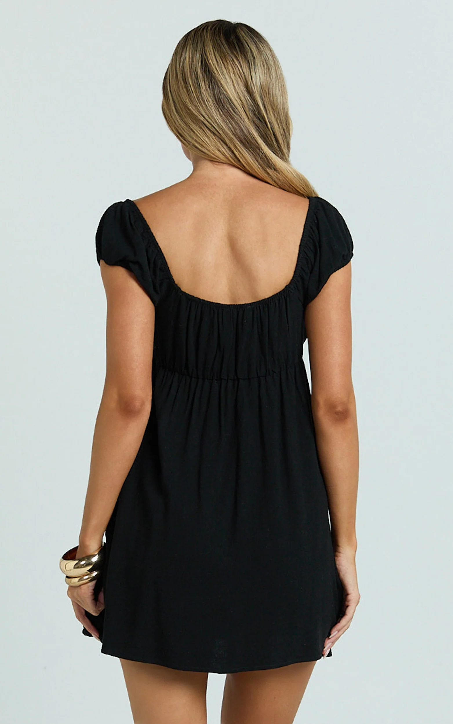 Puff Sleeve Front Tie Babydoll Dress in Black