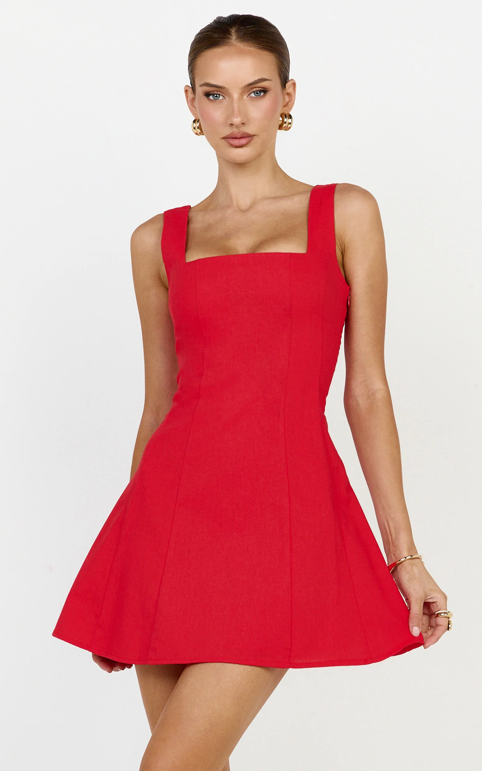 Linen Square Neck Shirred Back A Line Dress in Red