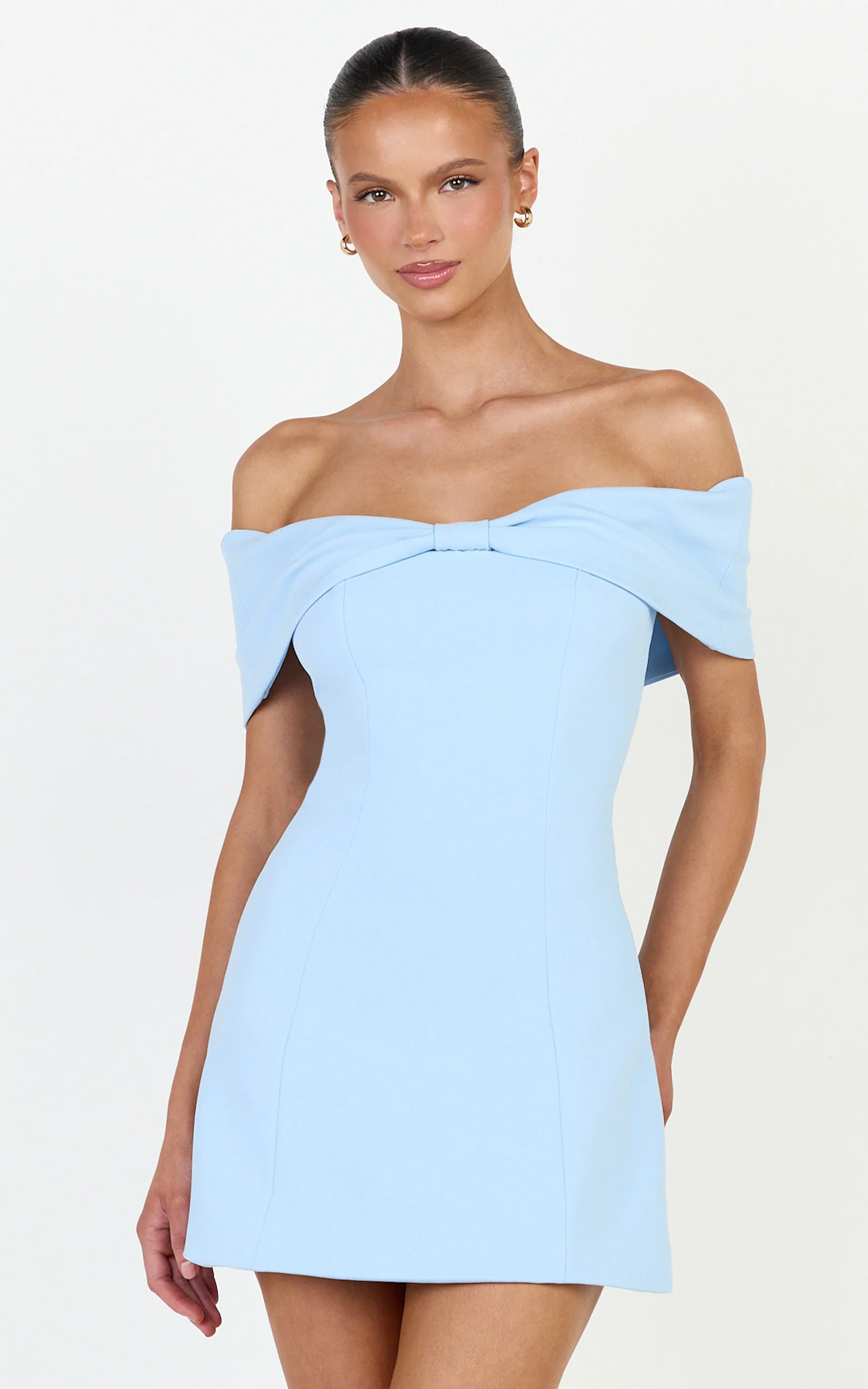 Off Shoulder Bow Detail Dress in Light Blue