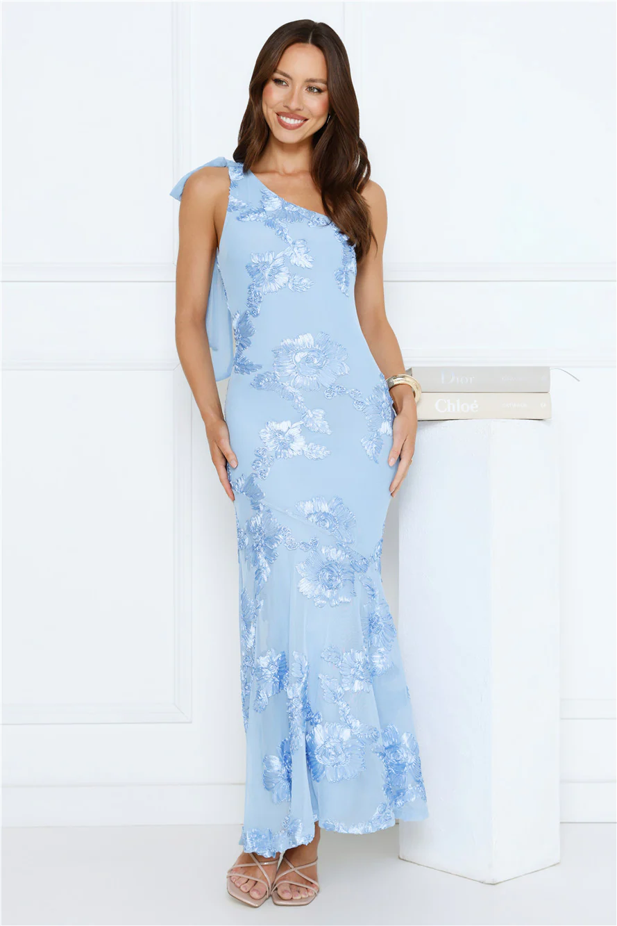 Glossy Girl One Shoulder Mesh Maxi Dress Blue