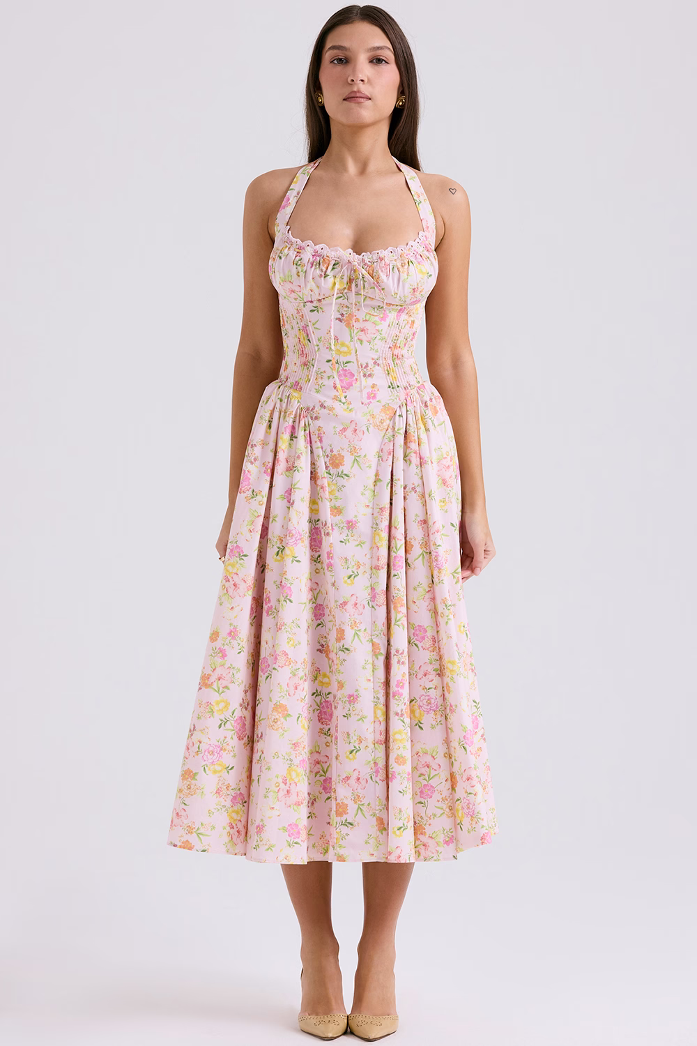 pink meadow print cotton halter midi sundress