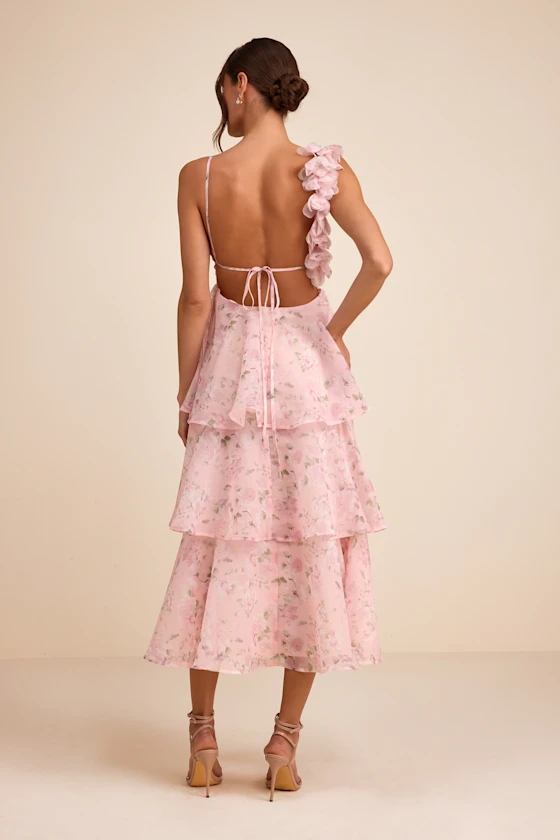 Daleyza Light Pink Floral Organza Tiered Midi Dress
