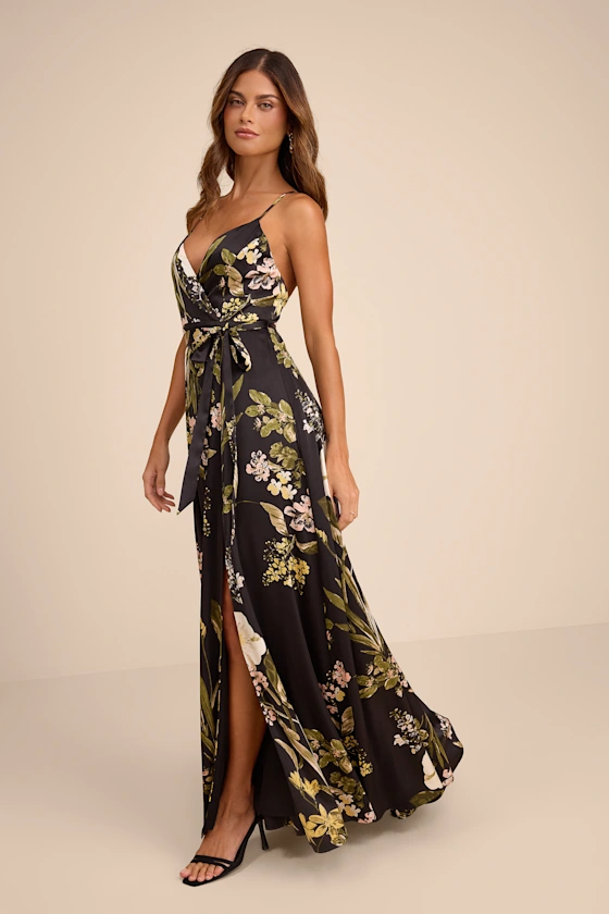 Still the One Black Floral Print Satin Maxi Dress
