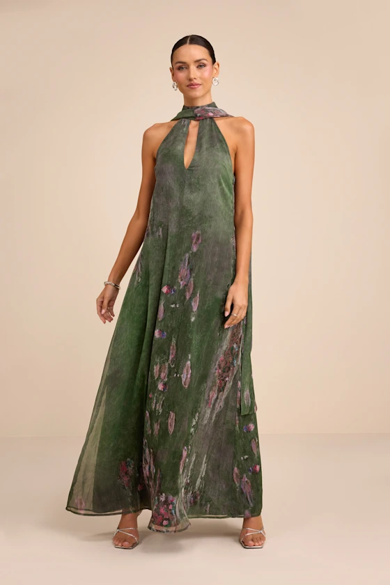 Calixta Green Abstract Chiffon Sash Shift Maxi Dress