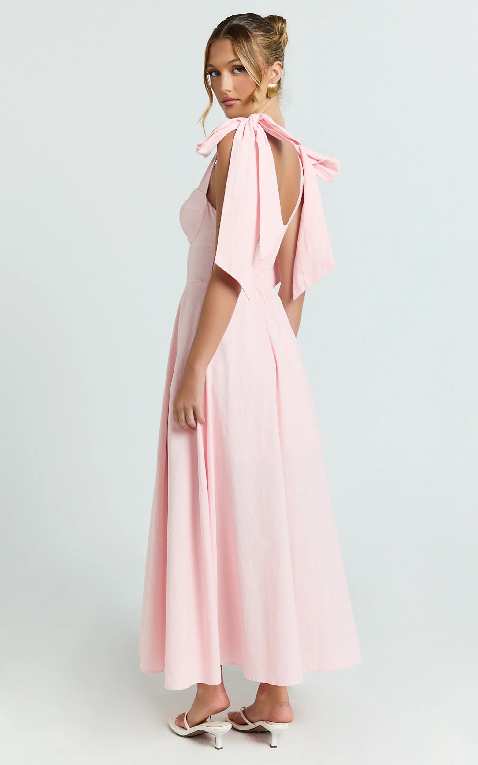 Shoulder Tie Bustier Shirred Back A Line in Pink