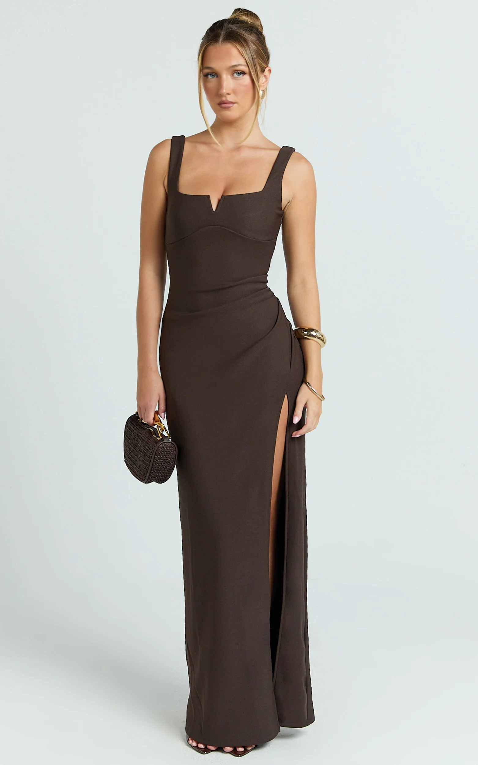 Square Neck Bodycon Dress in Chocolate