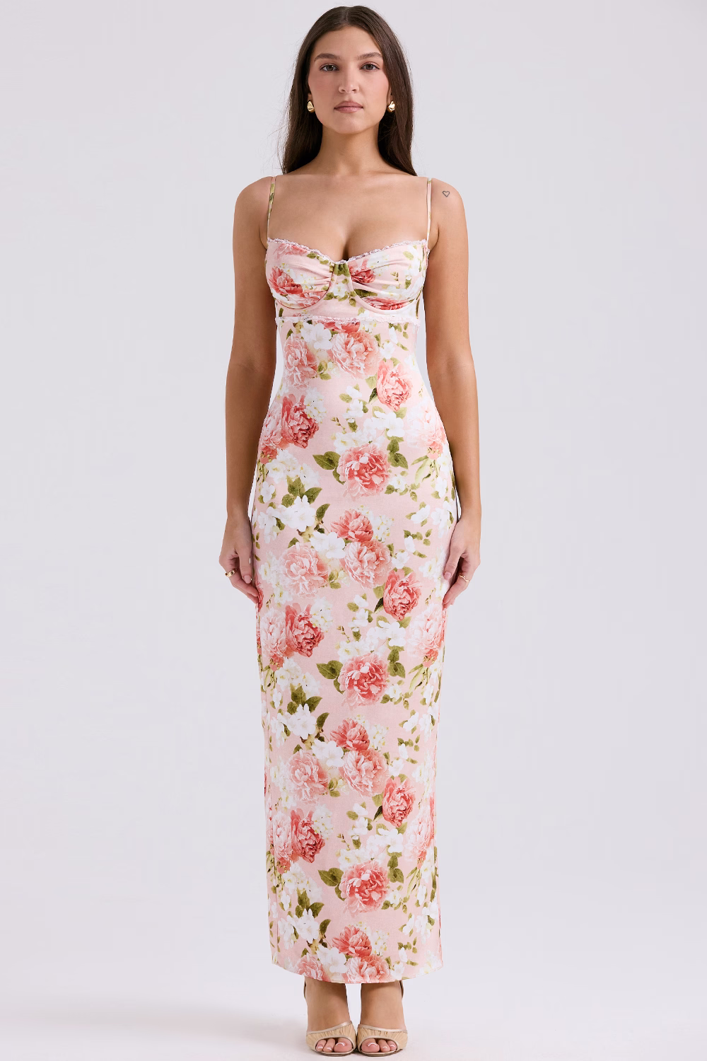 pink peony print satin maxi dress