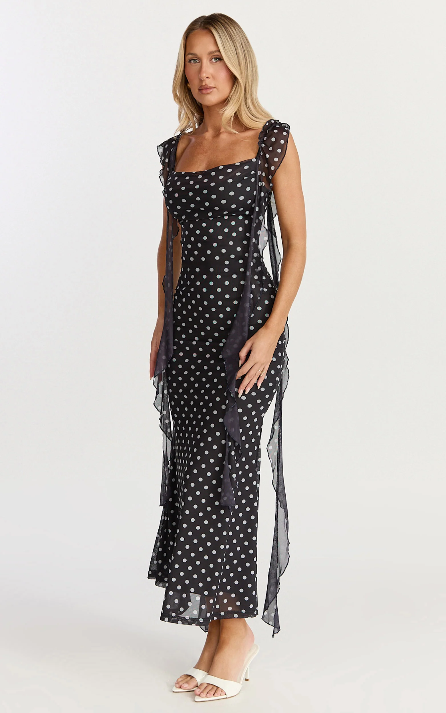 Ruffle Strap Dress in Black Polkadot