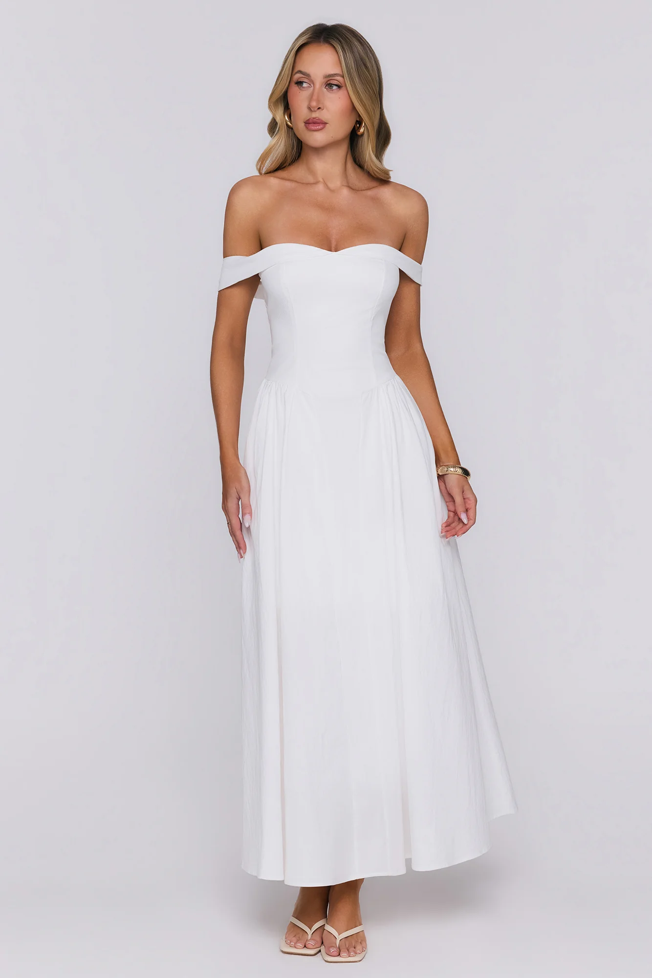 Polished Darling Off Shoulder Maxi Dress White