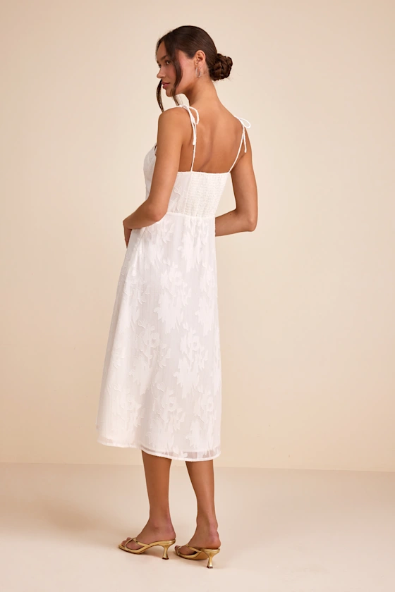 Loveliest Looks White Floral Jacquard Tie-Strap Midi Dress