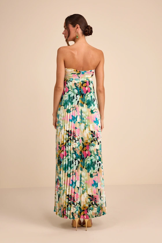 Whimsical Beauty Multi Floral Satin Plisse Strapless Maxi Dress