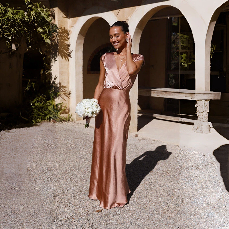 Spring/Summer Satin Solid Color V-Neck Fishtail Party Dress