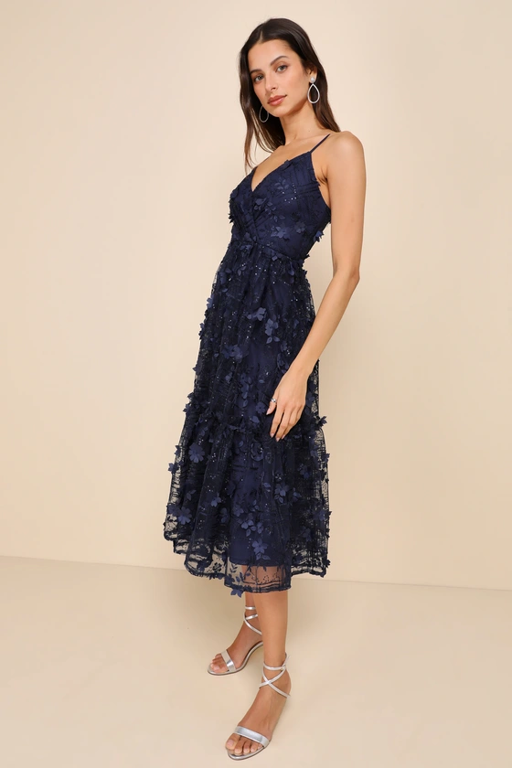 Springtime Soiree Navy Black Sequin 3D Floral Applique Midi Dress