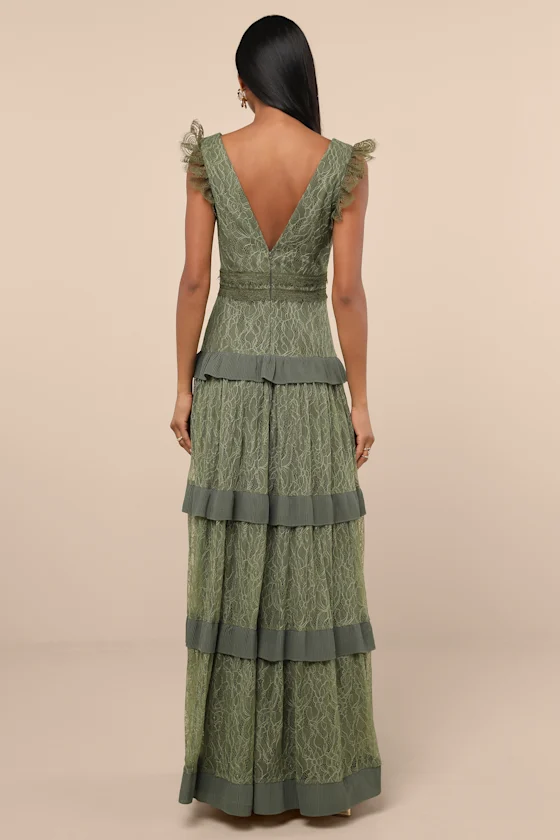 Marvelous Darling Olive Lace Ruffled Tiered Maxi Dress