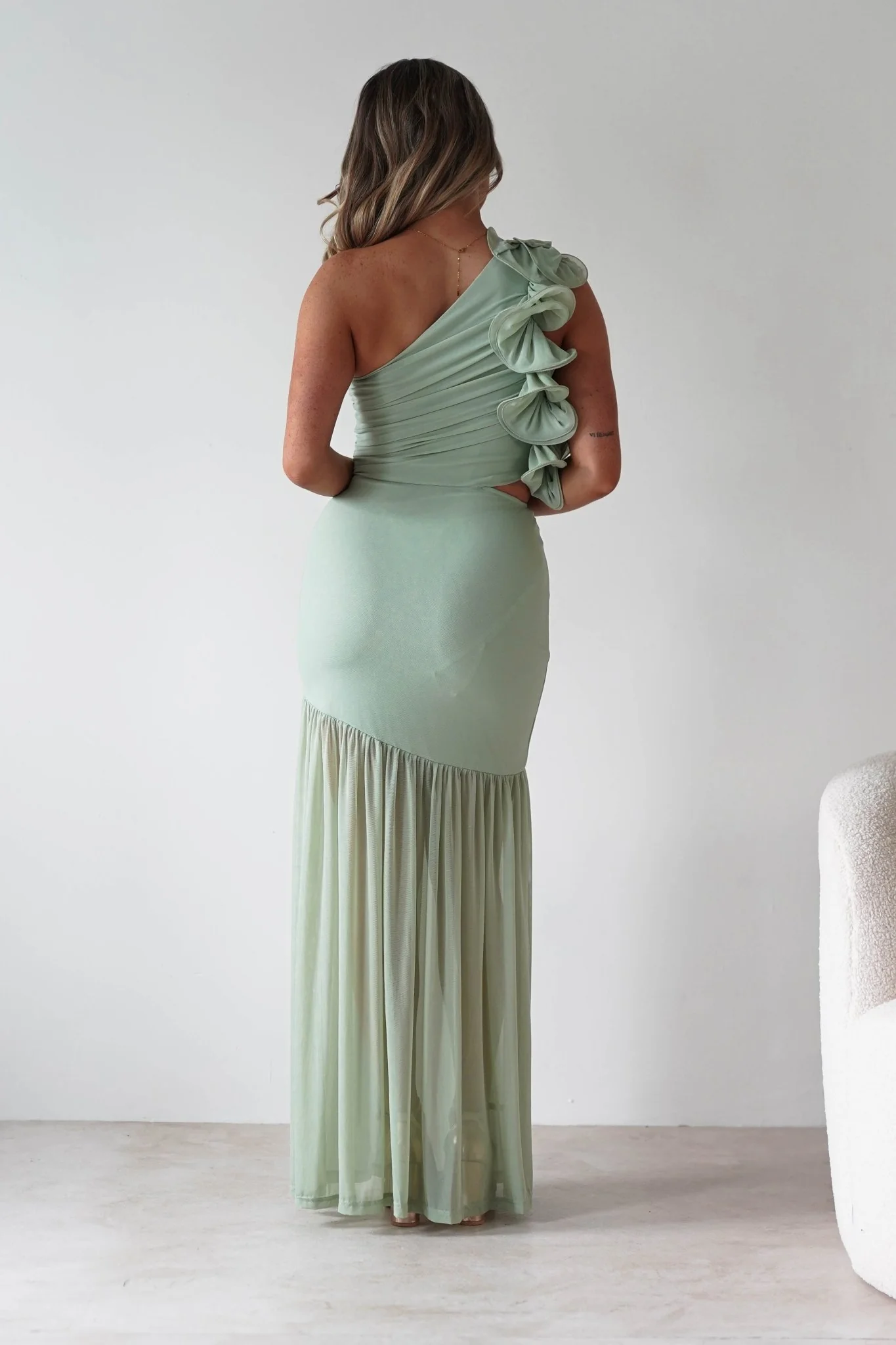 Stephanie Mesh Ruffle Maxi Dress | Sage