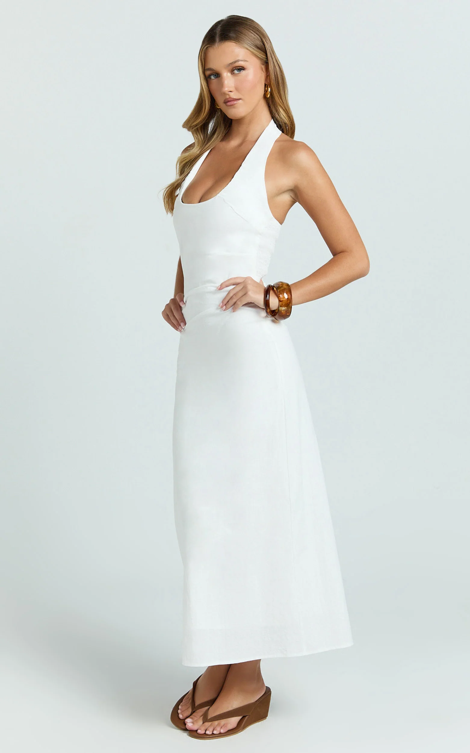 Deep U Halter Neck Dress in White