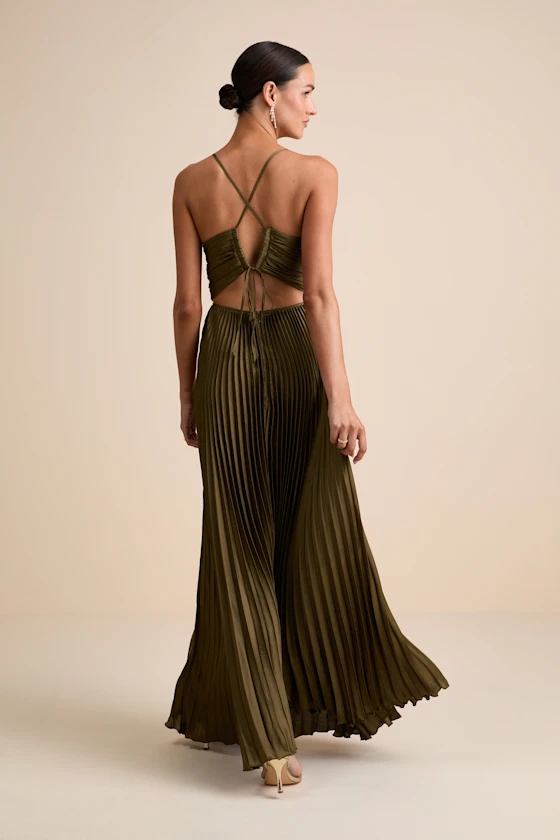 Olive Green Maxi Dress - Open Back Dress- Pleated Satin Dress - Lulus