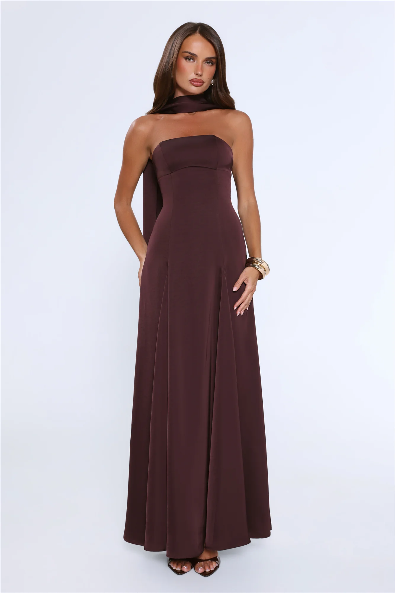Satin Tempt Strapless Maxi Dress Chocolate