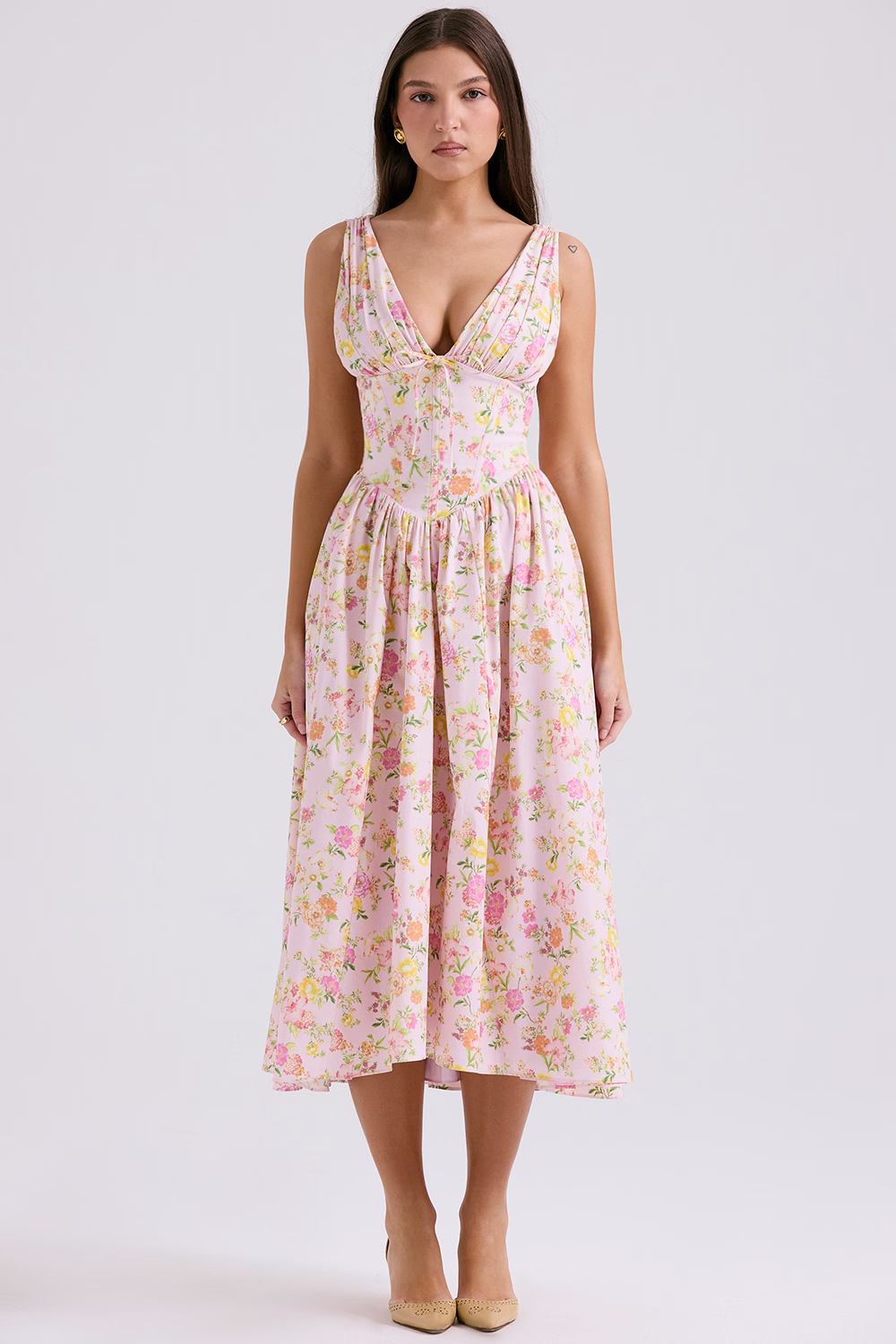 pink meadow print cotton corset sundress