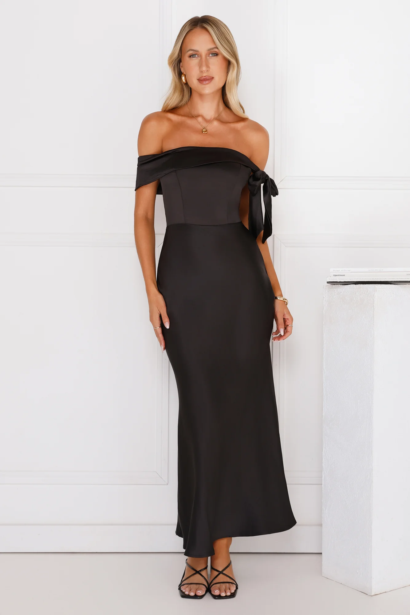 The Hype Off Shoulder Satin Midi Dress Black