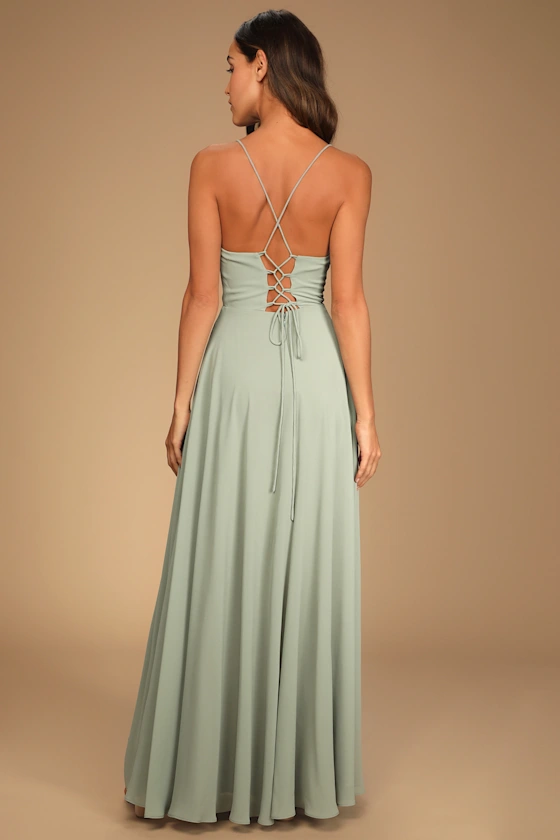 Romantically Speaking Sage Green Cowl Lace-Up Maxi Dress