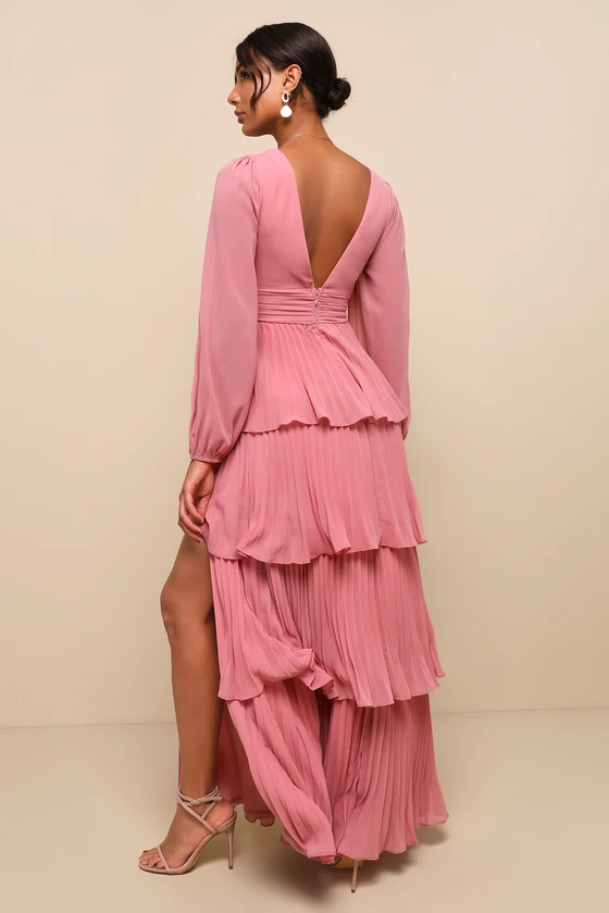 Graceful Finesse Dusty Rose Pleated Long Sleeve Maxi Dress
