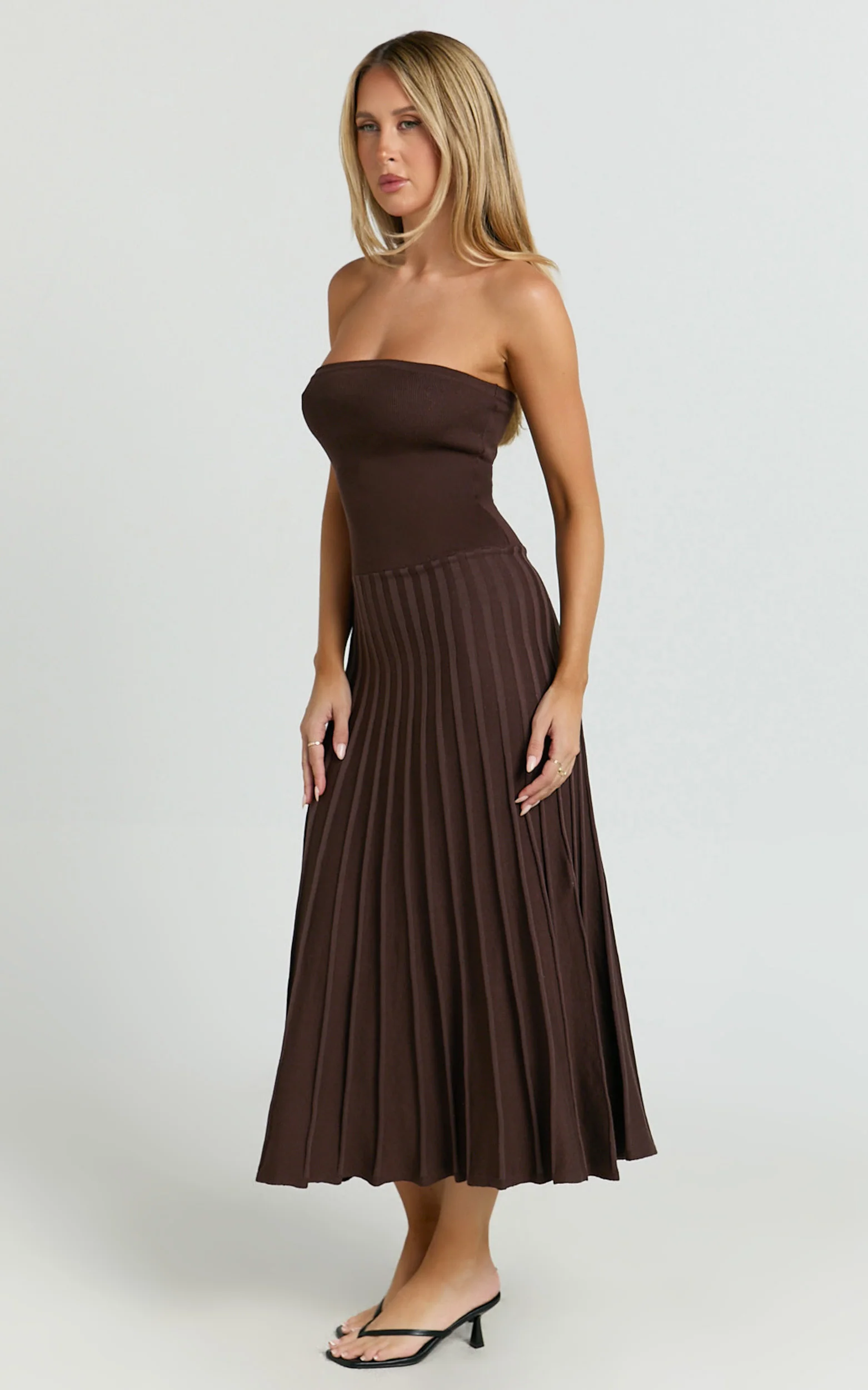 Strapless Drop Waist Pleated Knit Dress in Chocolate