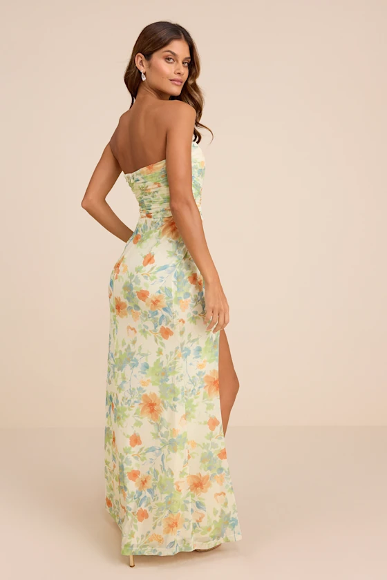 Epitome of Allure Lime Floral Mesh Strapless Ruched Maxi Dress