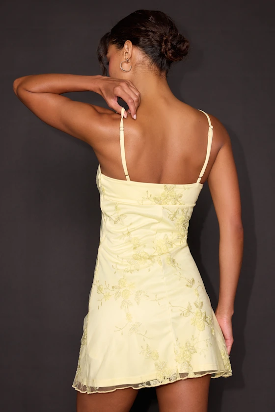 Sandia Butter Yellow Embroidered Sleeveless Mini Dress