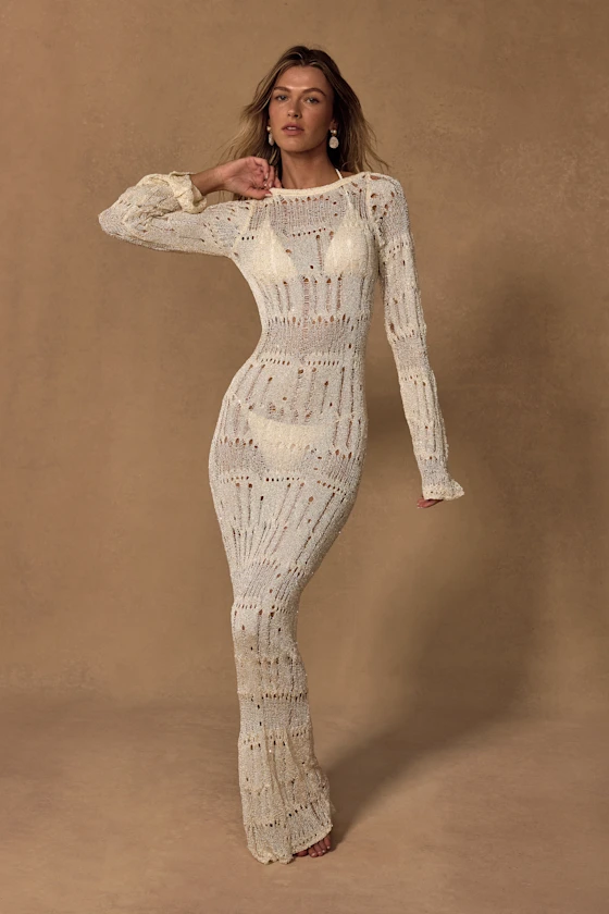 Salise Shiny Cream Distressed Maxi Swim Cover-Up
