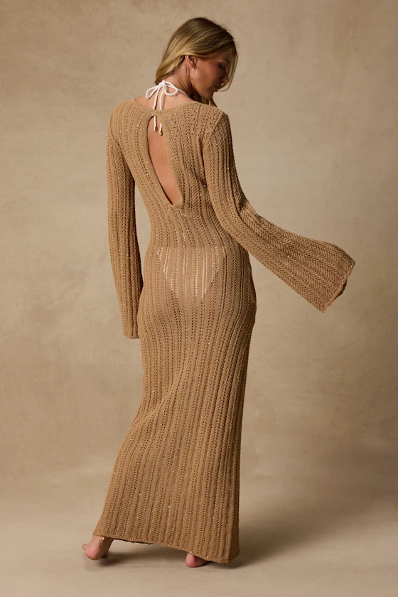 Yates Light Brown Crochet Sequin Maxi Swim Cover-Up