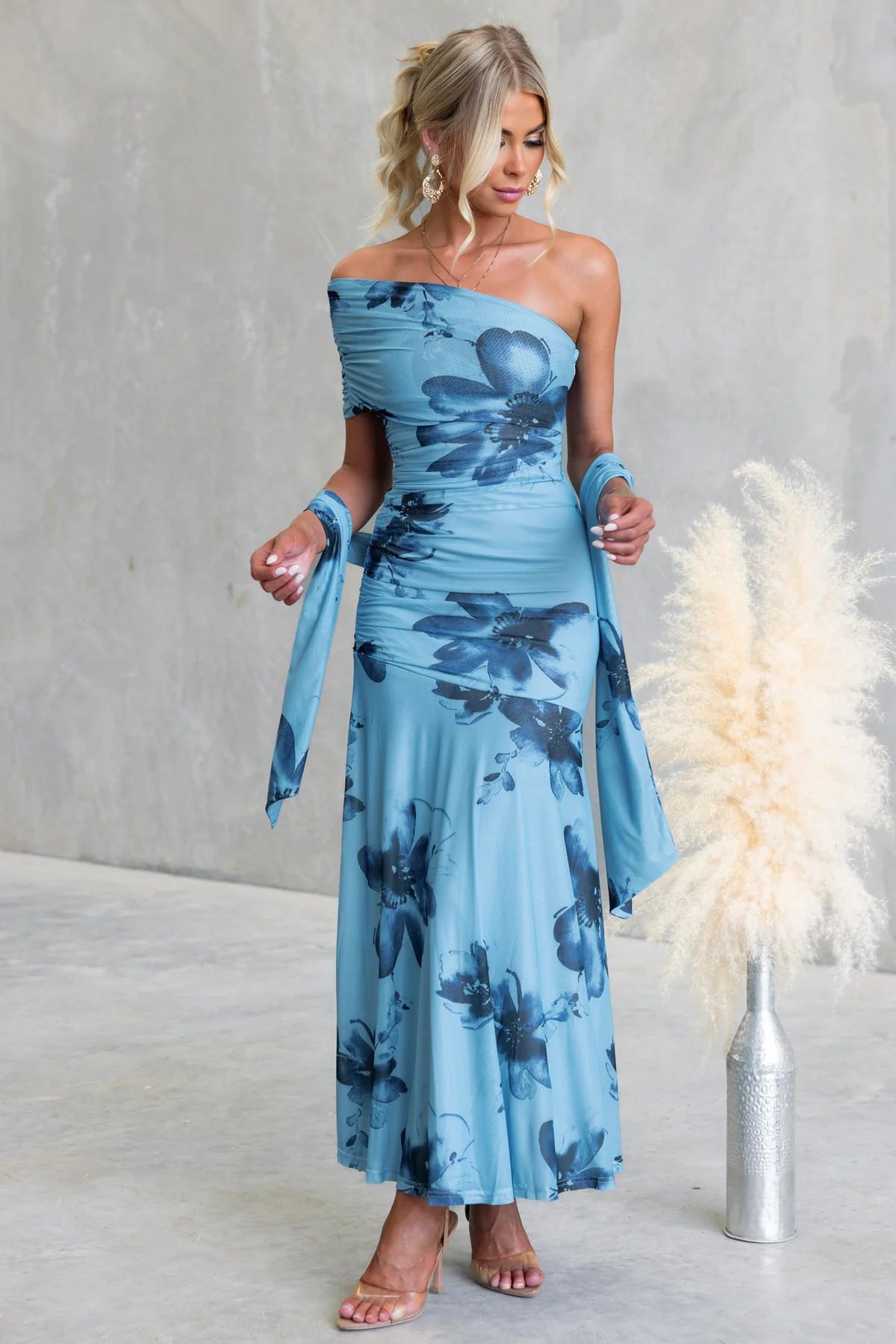 Floral Print One-Shoulder Ruched Maxi Dress