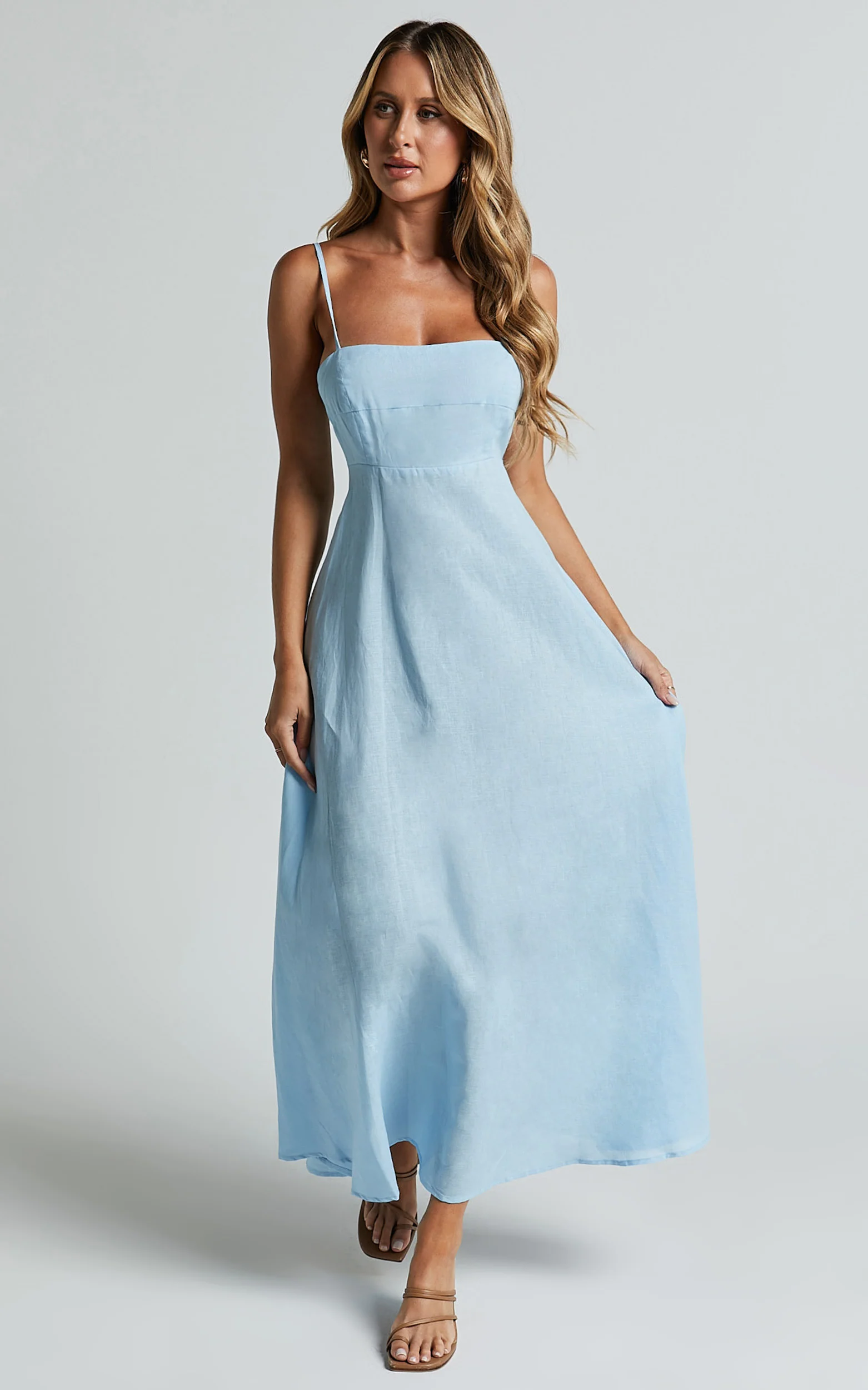 Linen Straight Neck Strappy Fit And Flare Dress in Blue