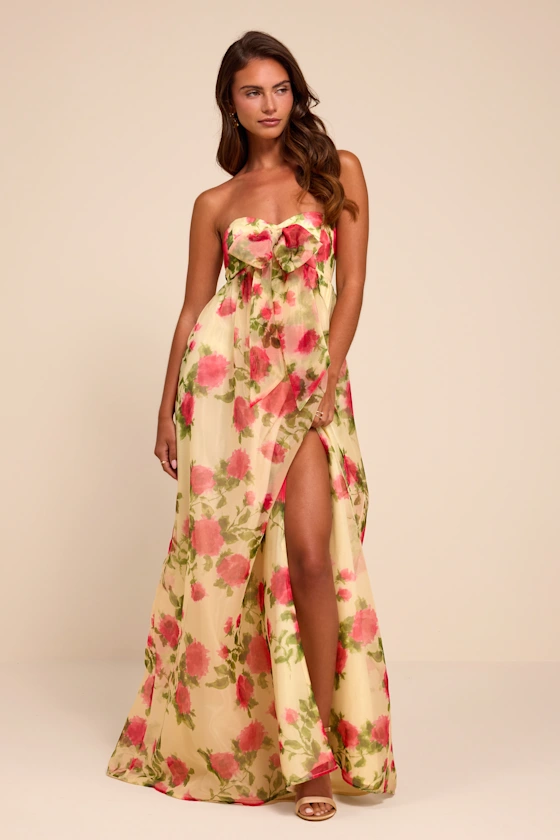 Ember Light Yellow Floral Organza Strapless Maxi Dress