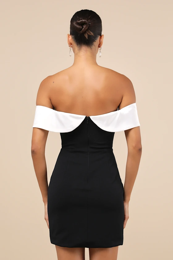 Extravagant Moment Black and White Off-the-Shoulder Mini Dress
