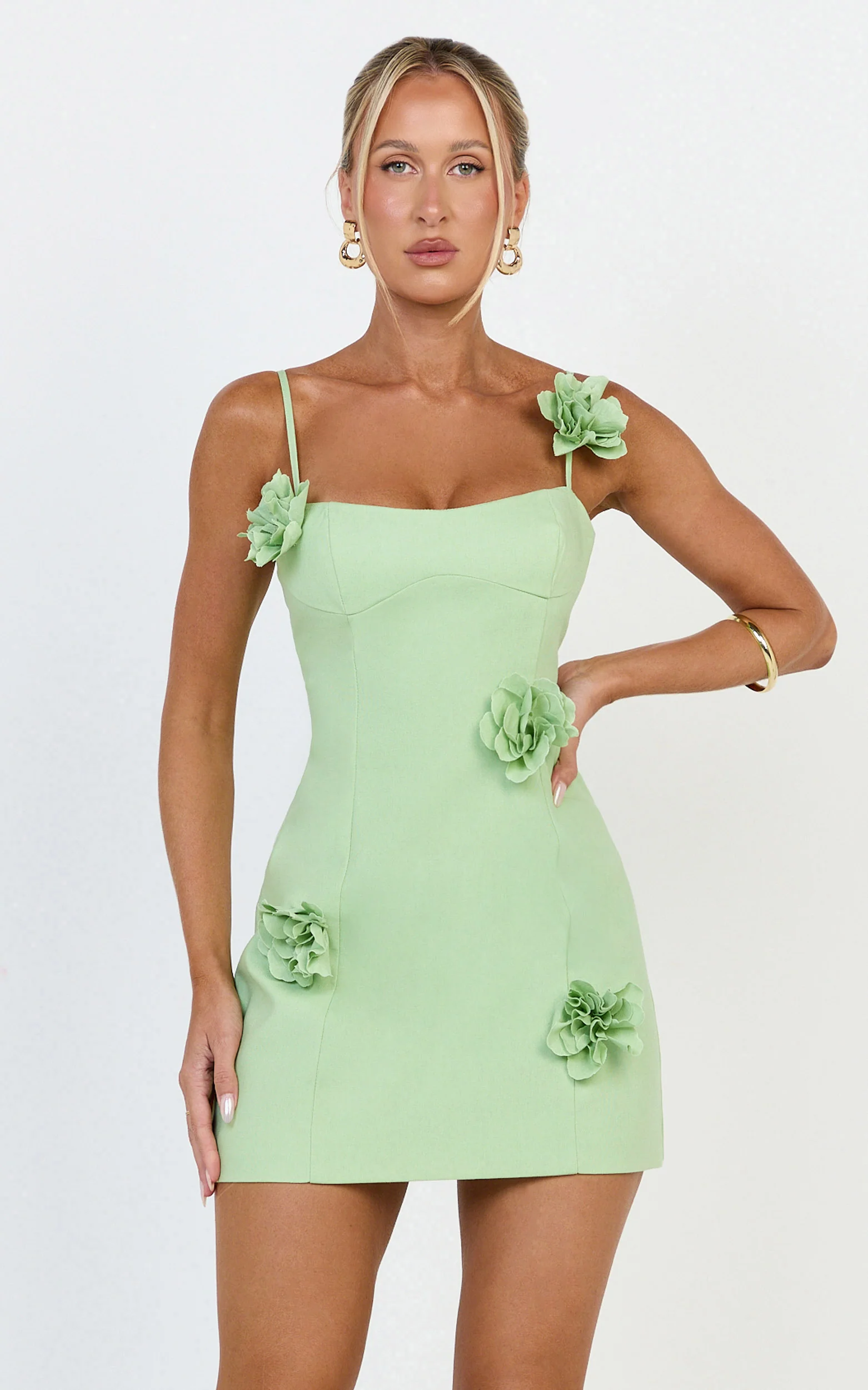 3D Floral Strappy Dress in Apple Green