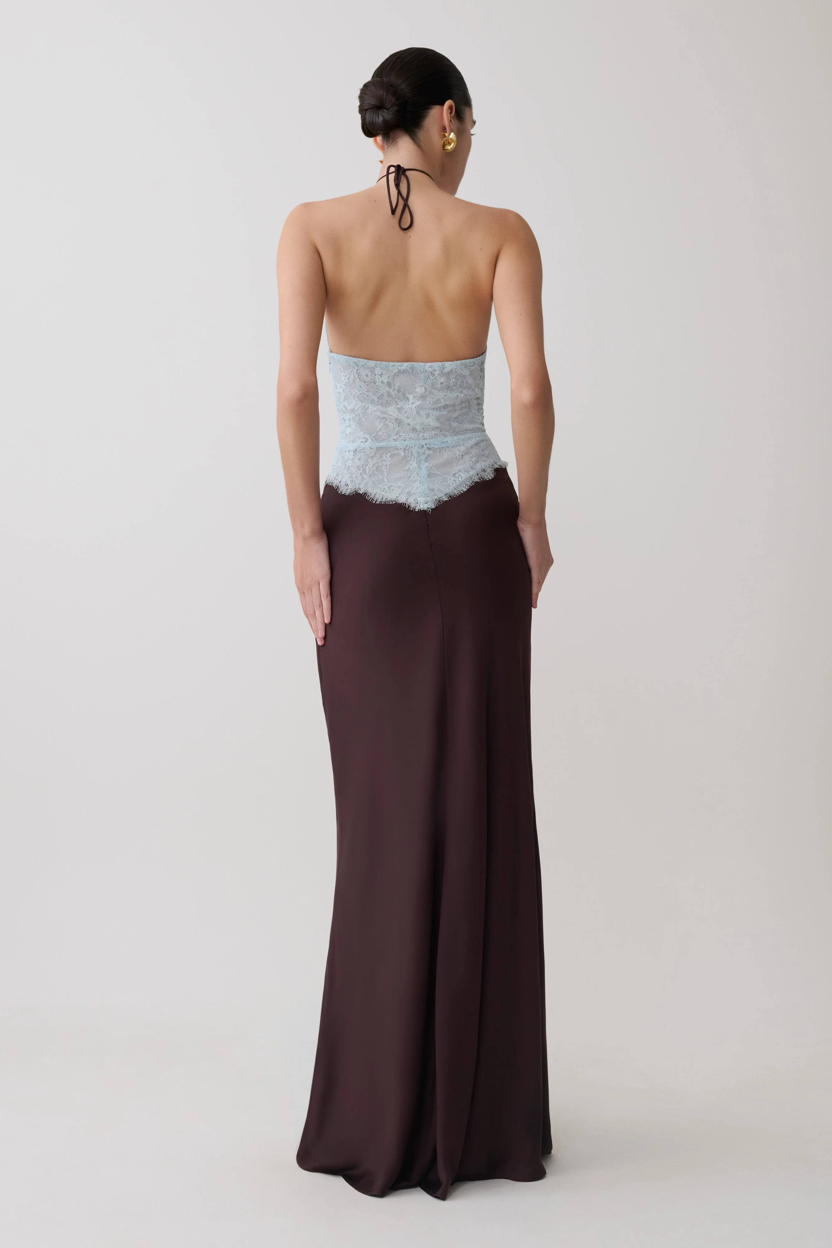 Sascha Lace And Satin Halter Maxi Dress - Ice Blue/Chocolate