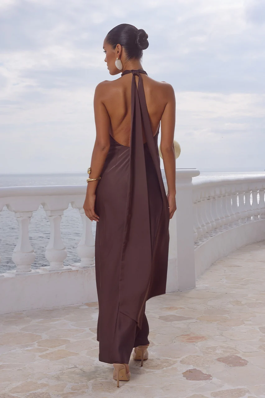 ARABELLE HIGH NECK MAXI DRESS - BITTER CHOCOLATE