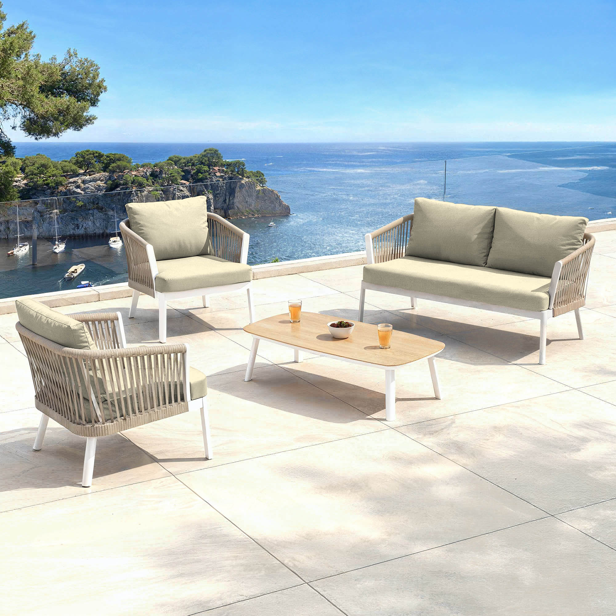Salon de jardin en aluminium 4 places 4 pcs Amalfi Blanc et taupe