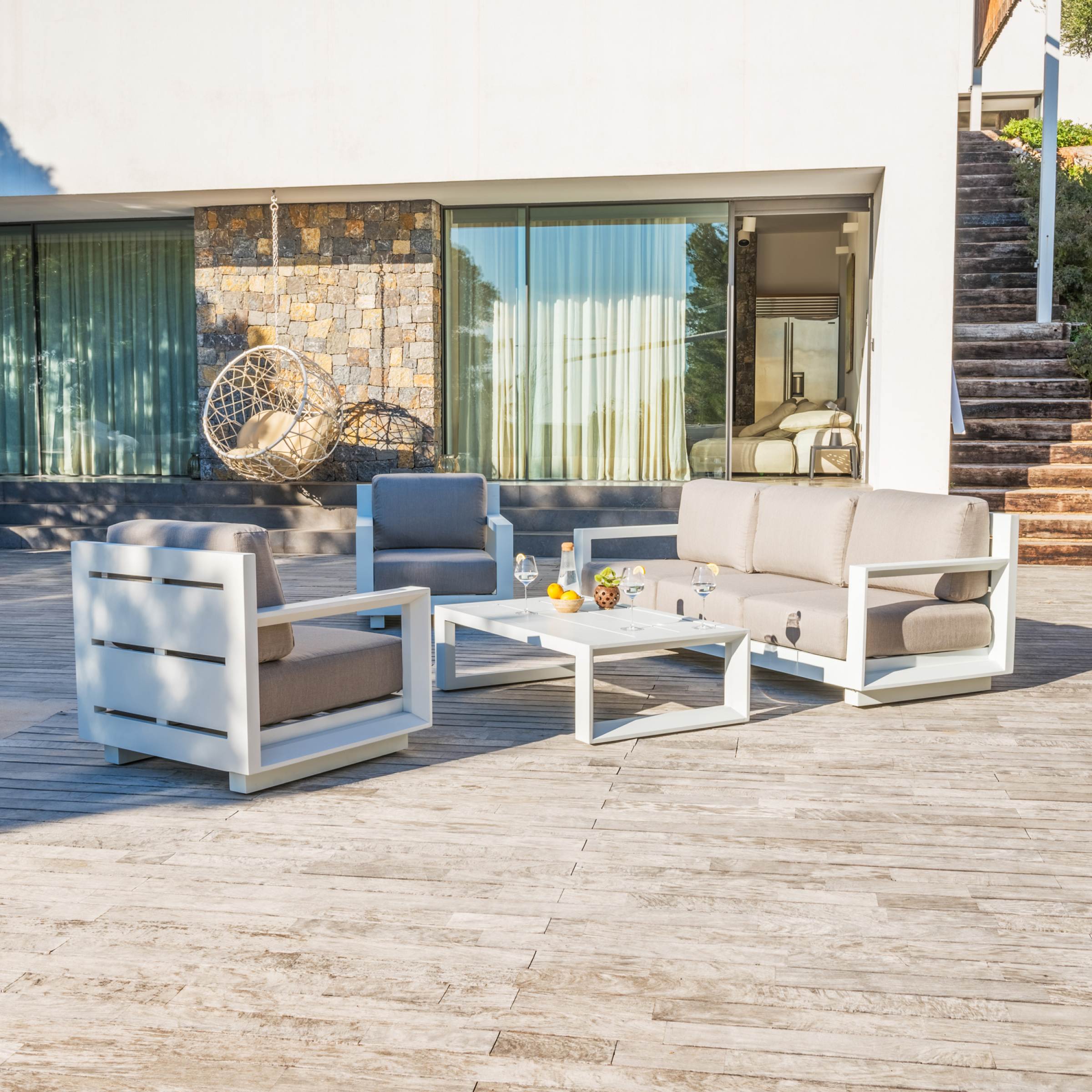 Salon de jardin aluminium 5 places 4 pcs Elba Blanc et taupe