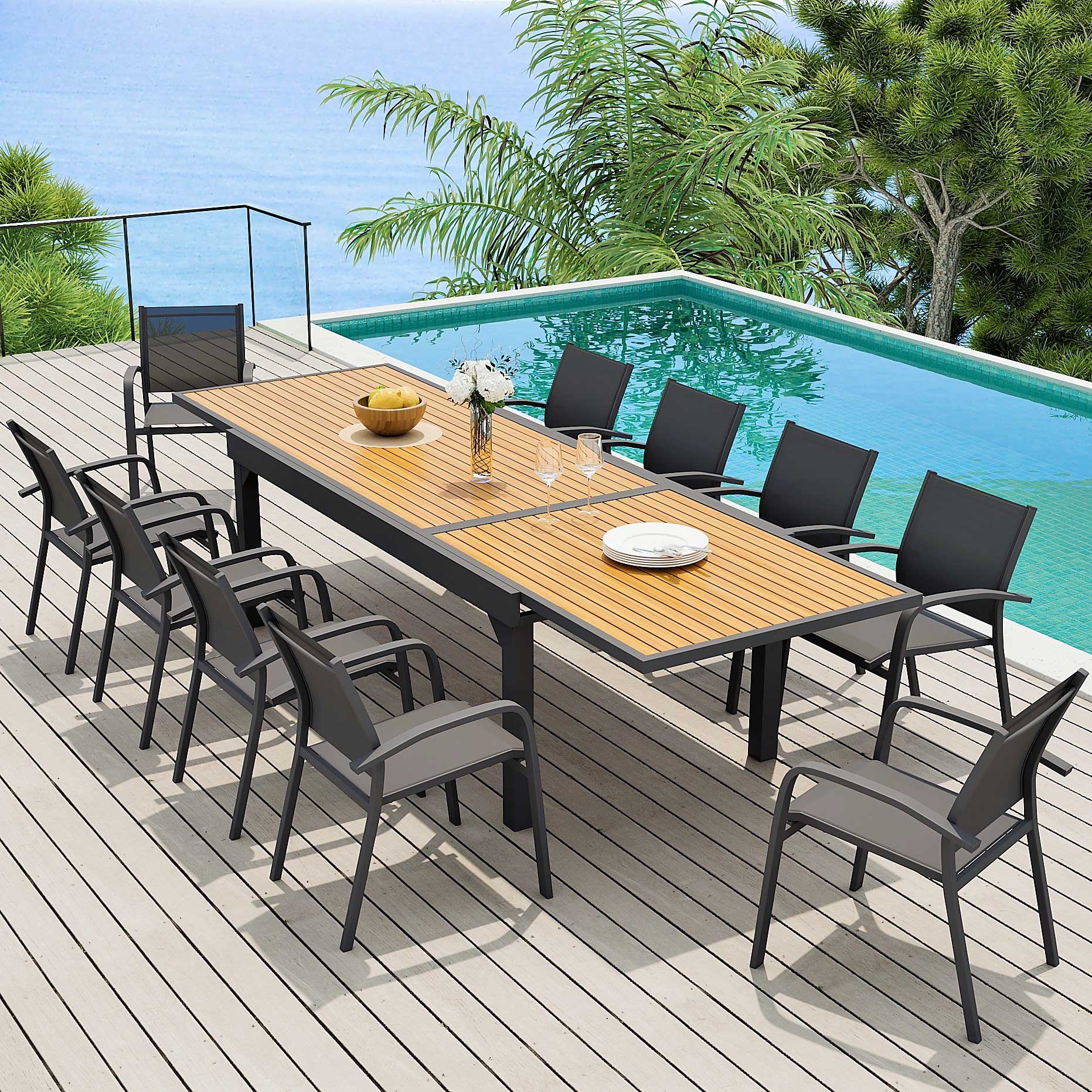 Table de jardin extensible en aluminium 12 places effet bois (200/320 x 100 cm) Murano Gris anthracite