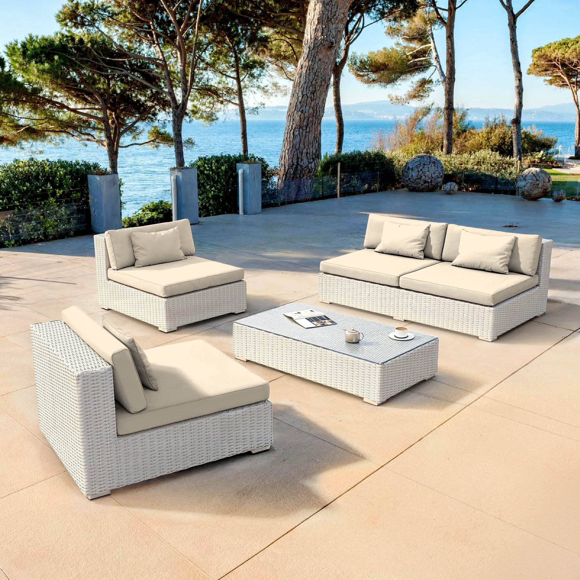Salon de jardin en résine tressée 4 places 4 pcs Palma Blanc et beige
