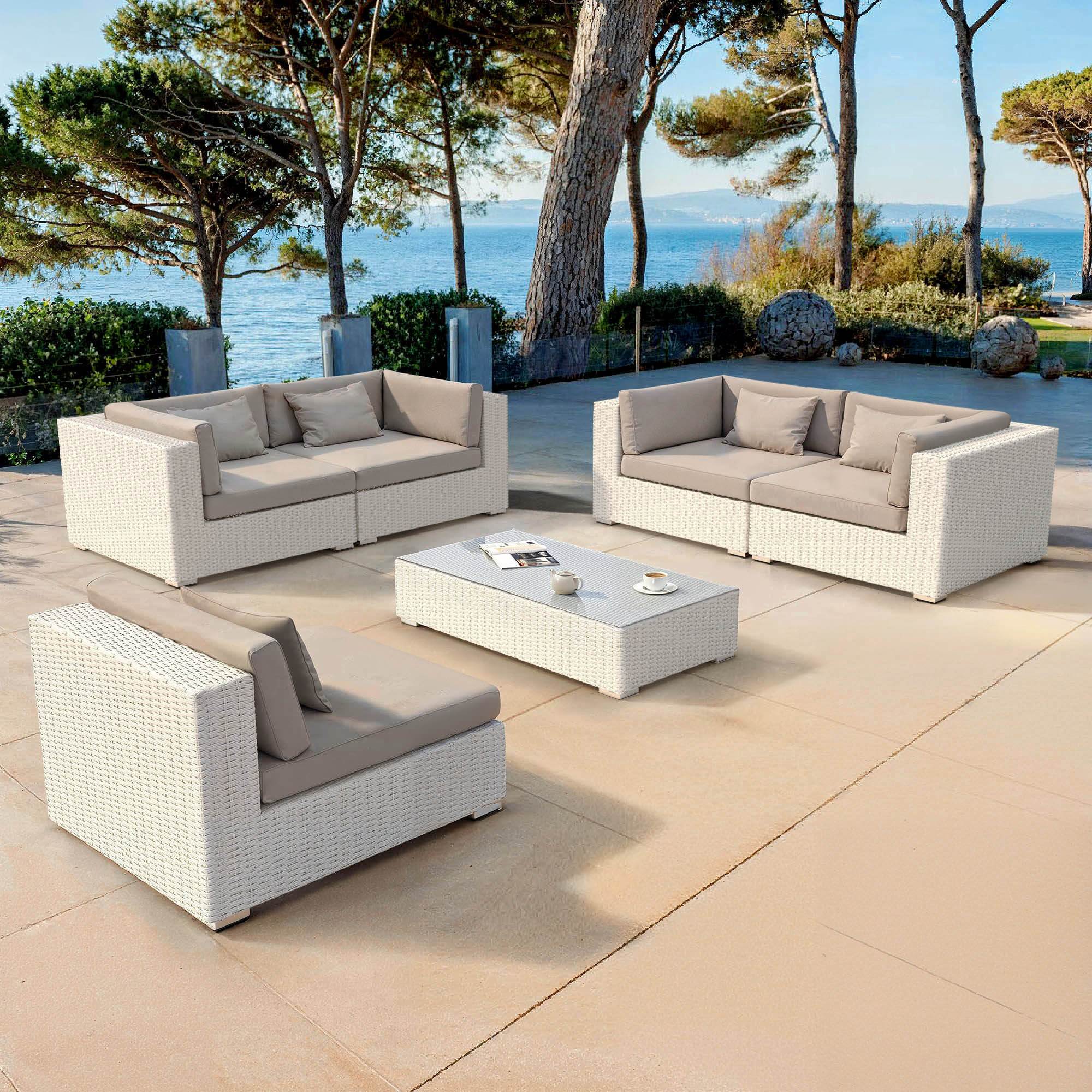 Salon de jardin en résine tressée 5 places 6 pcs Palma Blanc et taupe