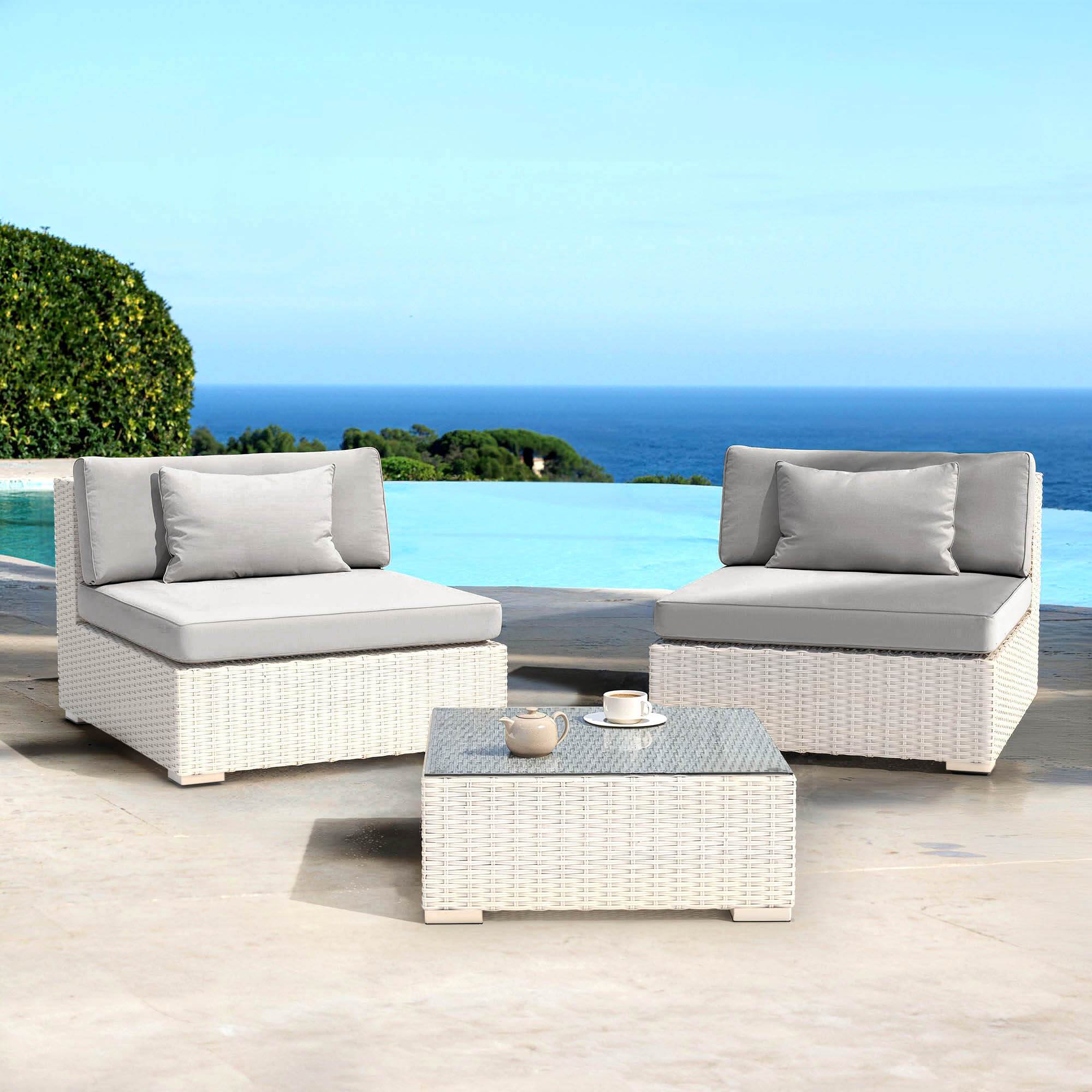 Salon de jardin en résine tressée 2 places 3 pcs Palma Blanc et gris