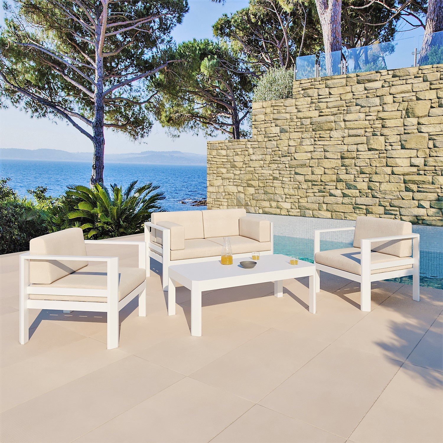 Salon de jardin en aluminium 4 places Ostara Blanc et taupe