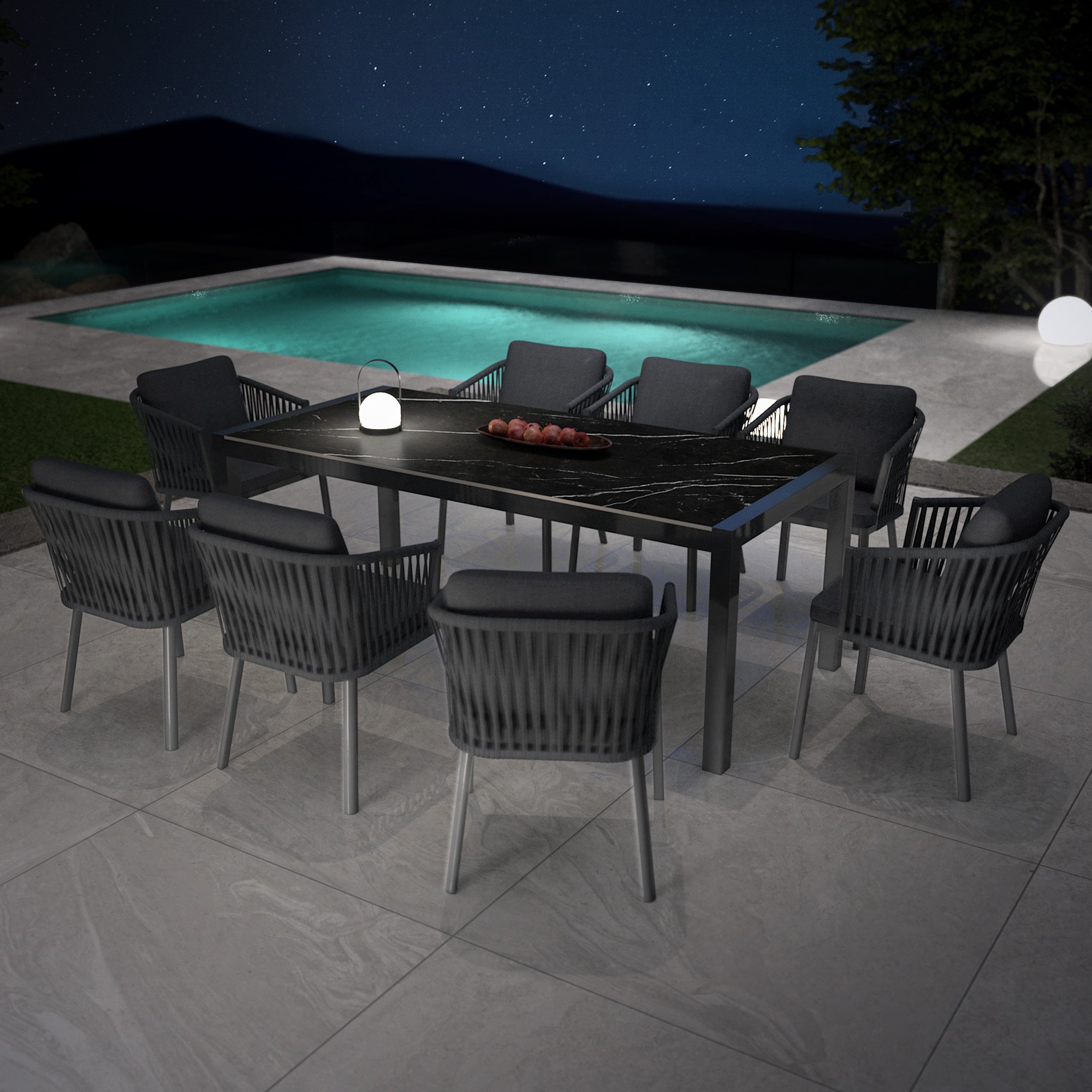 Table de jardin en aluminium et céramique 8 places (180 x 90 cm) Modena Noir marbré